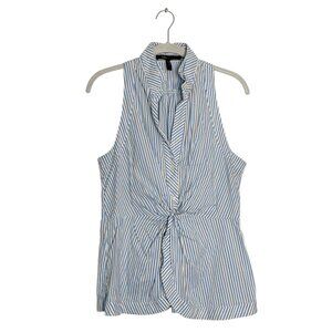 BCBGMaxAzria Sleeveless Knot Front Striped Blouse in Blue/White/Tan - Sz M